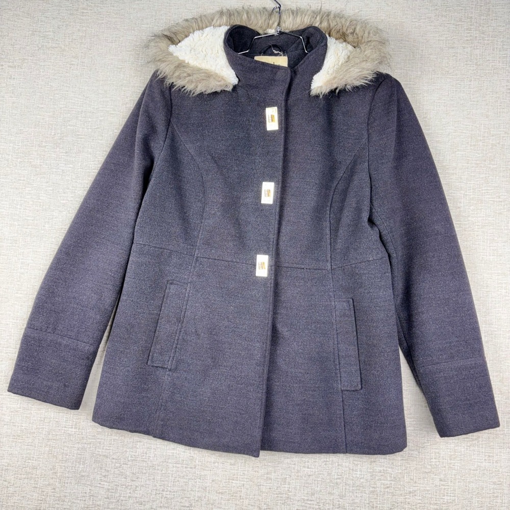 Maralyn & Me Women's XL Charcoal Hooded Faux Fur Trim Turn Lock Coat Babydoll